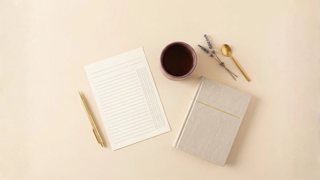 Minimal flat lay of a blank sleep tracker sheet and notebook, representing a 14-day tracking method.
