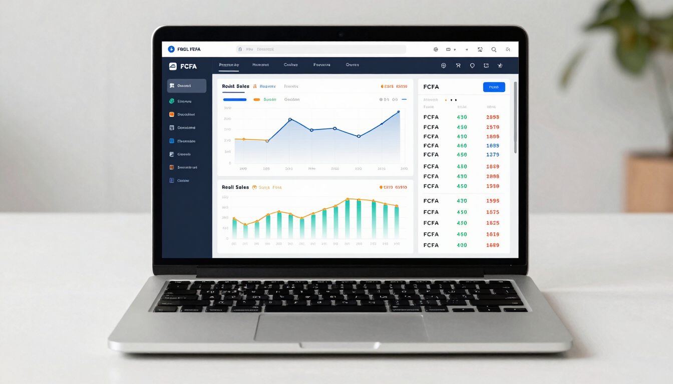 Front-facing premium laptop mockup showing a modern financial dashboard with real-time sales curves, inventory alerts, and transaction history in FCFA, clean bright daylight, minimalist design.