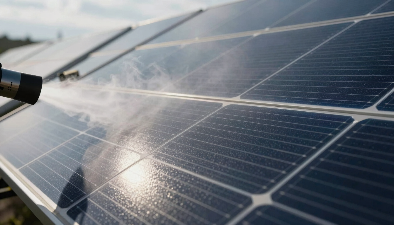 Extreme close-up of a photovoltaic solar panel surface under soft overcast daylight, steam nozzle entering from the left edge, fine steam jet visible across the glass cells, surface texture and cell grid sharply rendered, dark blue and silver tones, no glare, technical documentary framing