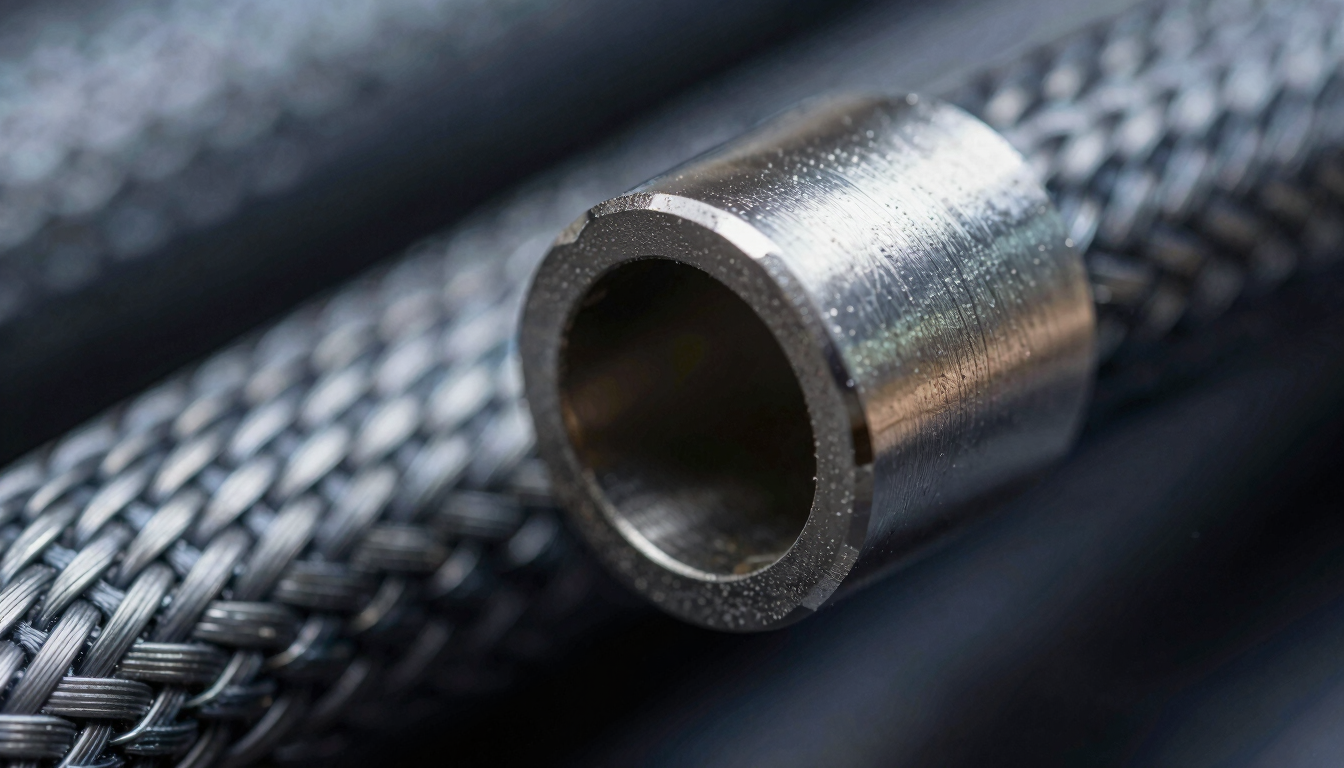 Macro shot of steel-wire braided hydraulic hose cross-section, high-contrast metallic lighting, cool steel tones, 35mm