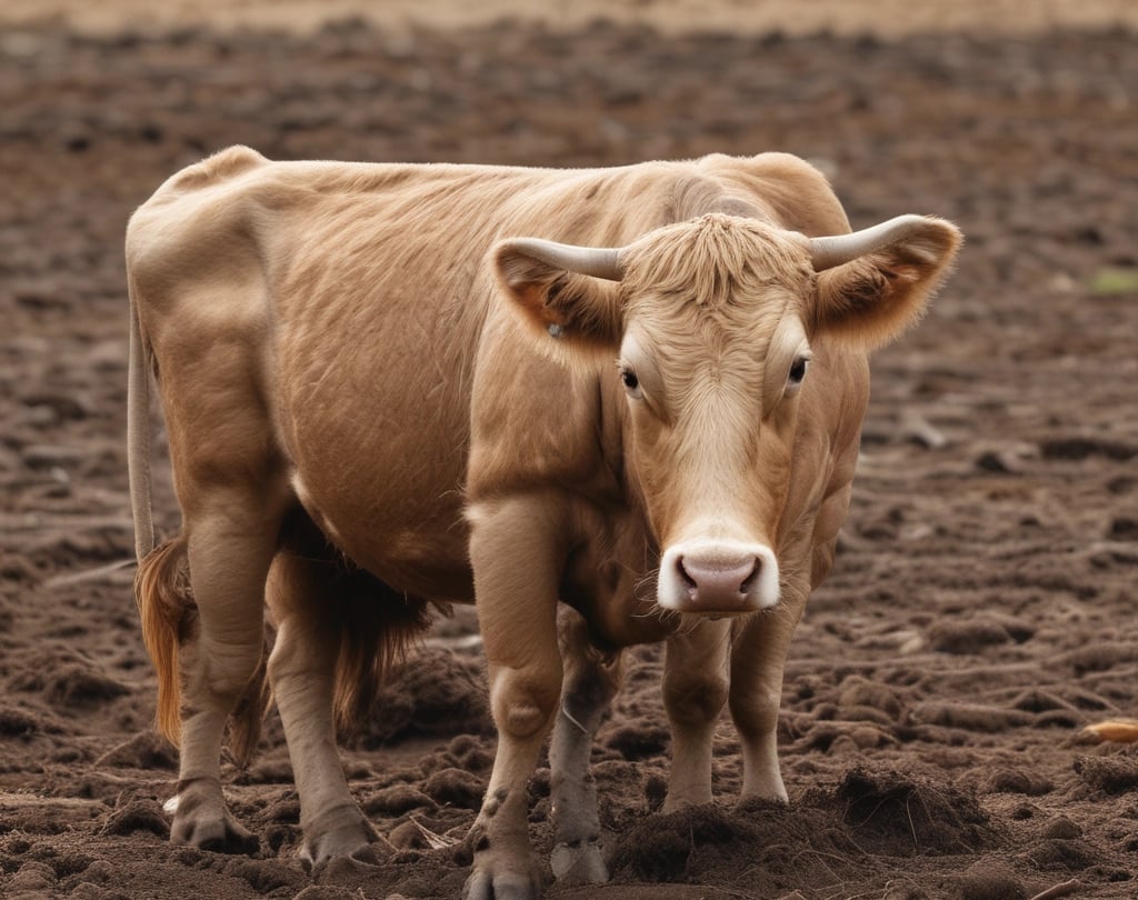 Close-up of rich, dark organic cow dung on a rustic wooden surface with green farm plants in the background