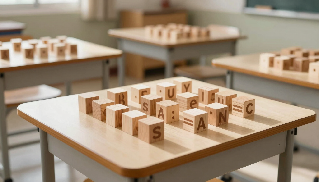 Eye-level view of a sunlit, clean Scandinavian-style classroom in Semarang, wooden learning blocks arranged neatly on low tables, soft natural light, warm cream tones.