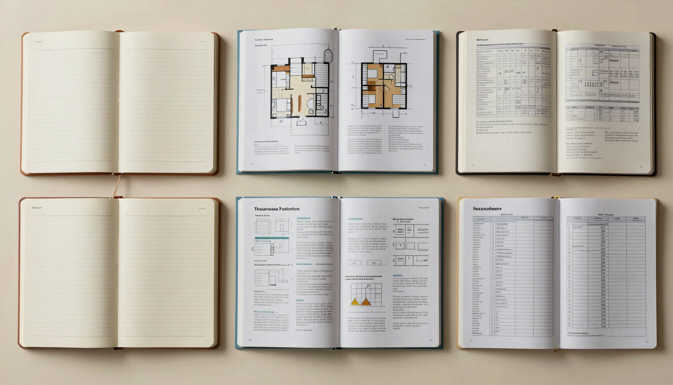 Overhead flat-lay of an organized planning table — open notebooks, printed property schedules, insurance policy pages, and a tax worksheet arranged across a warm cream surface, natural ambient light, no hands visible, calm and methodical composition