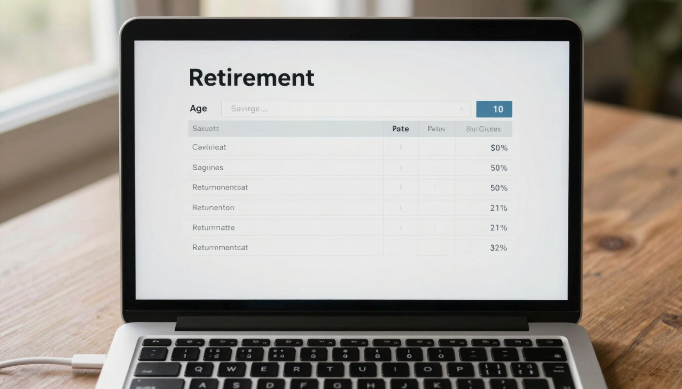 Direct overhead of an open laptop displaying a retirement calculator interface with input fields for age, savings, and return rate, natural window light illuminating the screen