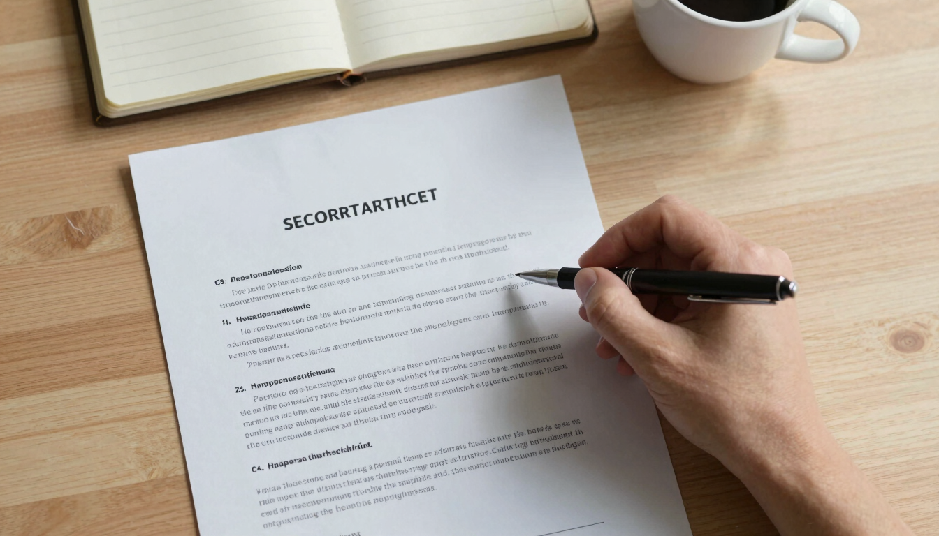 Overhead flat-lay of a printed contract spread open on a light wood desk, a hand holding a fine-tipped pen rests mid-page near a highlighted clause, soft north-facing daylight casting gentle shadows across the document, a small ruled notepad and coffee cup visible at the upper edge of frame