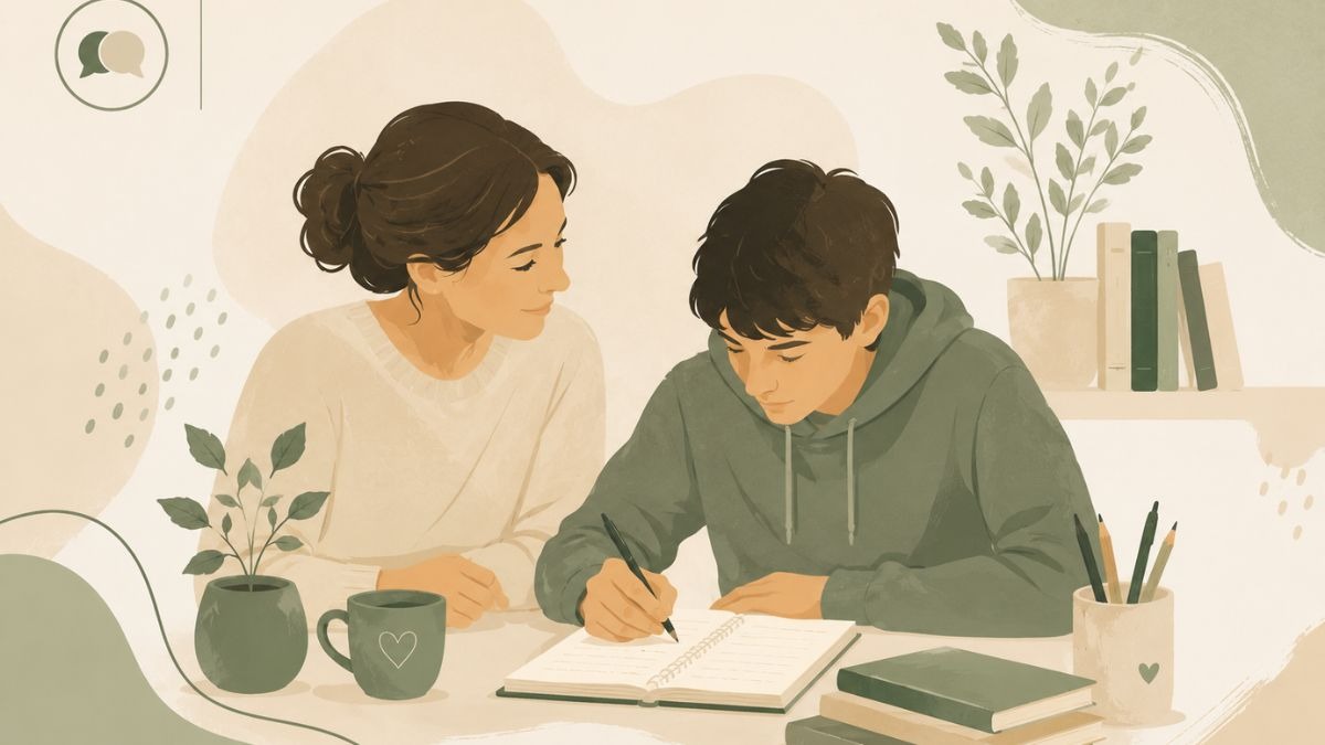 Ilustrație cu un părinte care oferă sprijin emoțional unui adolescent în perioada examenelor