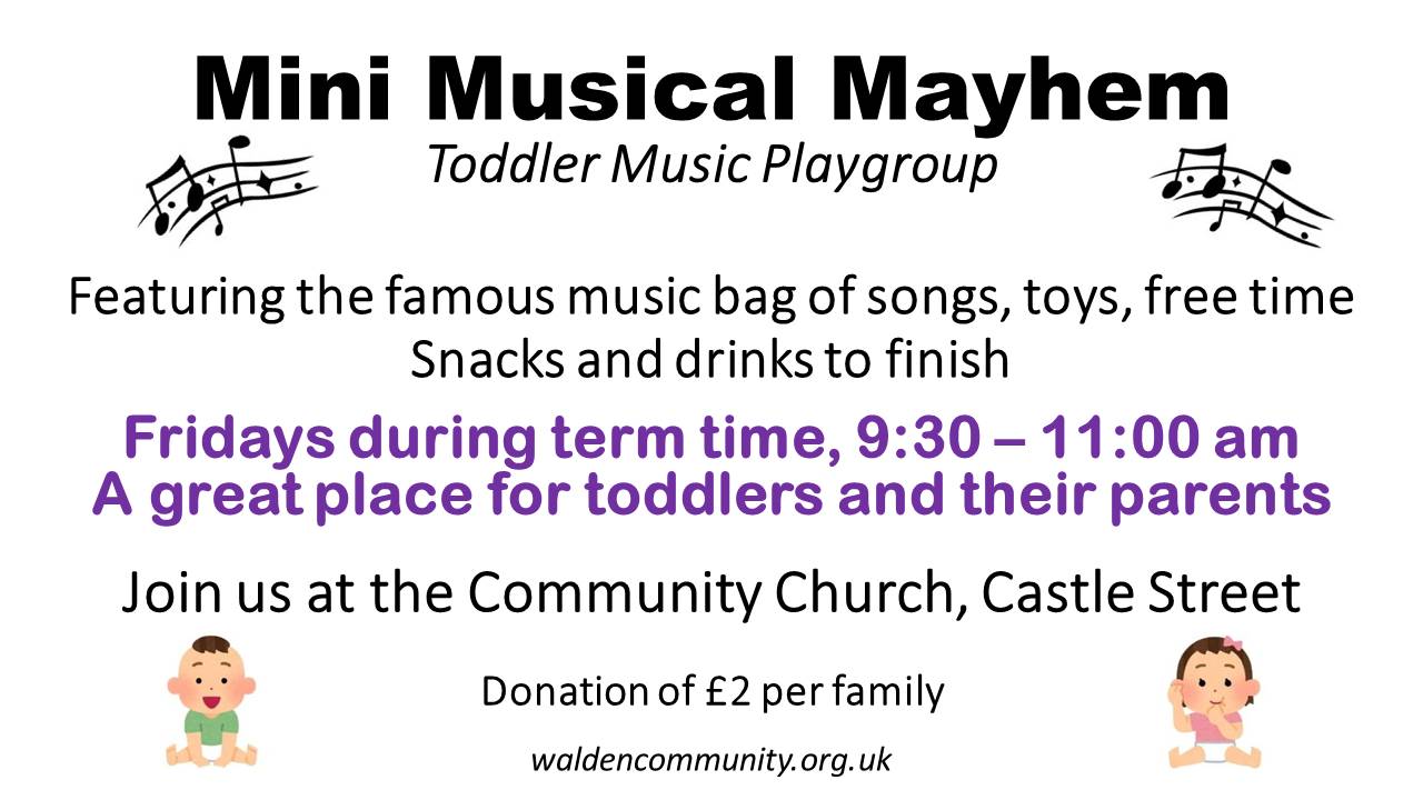 Mini Musical Mayhem toddler music group flyer at Saffron Walden Community Church, Fridays 9:30–11am, term time, £2 donation.