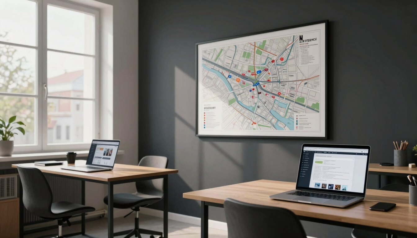 Wide environmental shot of the BetyárBence studio interior, two desks visible with open laptops showing web design work in progress, a framed city map of Budapest on the charcoal-painted wall behind, natural daylight from tall left-side windows casting soft shadows across the workspace, no people in frame — the room reads as actively used, not staged