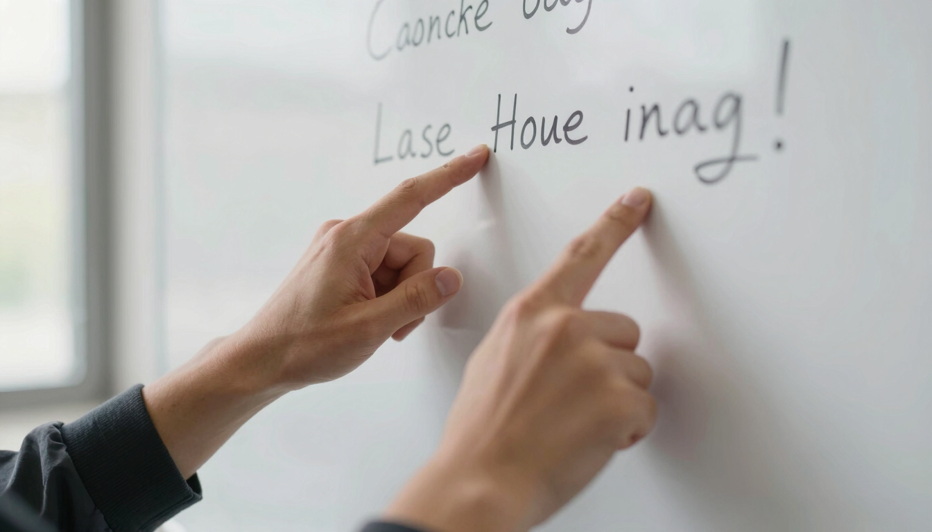 Close-up of hands pointing at handwritten notes on a whiteboard in a spare well-lit room, the writing partially visible but unreadable, natural daylight from the left, sense of active analysis and clarity