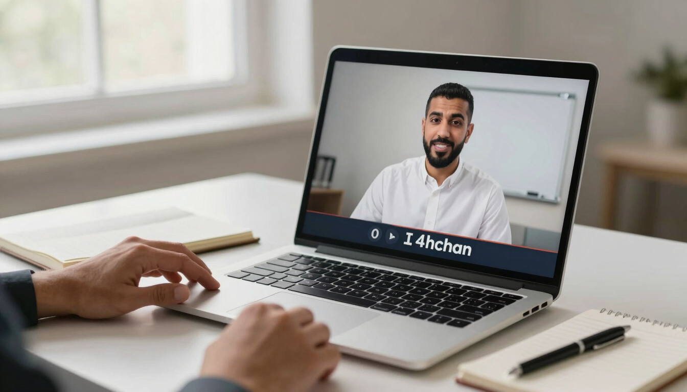 Wide editorial still-frame of a laptop screen showing a paused coaching video, Mahmoud's hands visible on a desk beside it with an open notebook and pen, soft diffuse daylight from a nearby window, clean minimal workspace, suggesting intentional learning rather than passive consumption