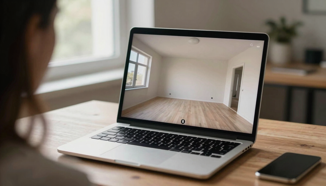 Over-the-shoulder view of a laptop screen displaying an active 360-degree virtual tour of an empty residential interior, neutral daylight from a nearby window illuminating the desk and screen, wide environmental framing showing the full workspace context, no people visible in frame