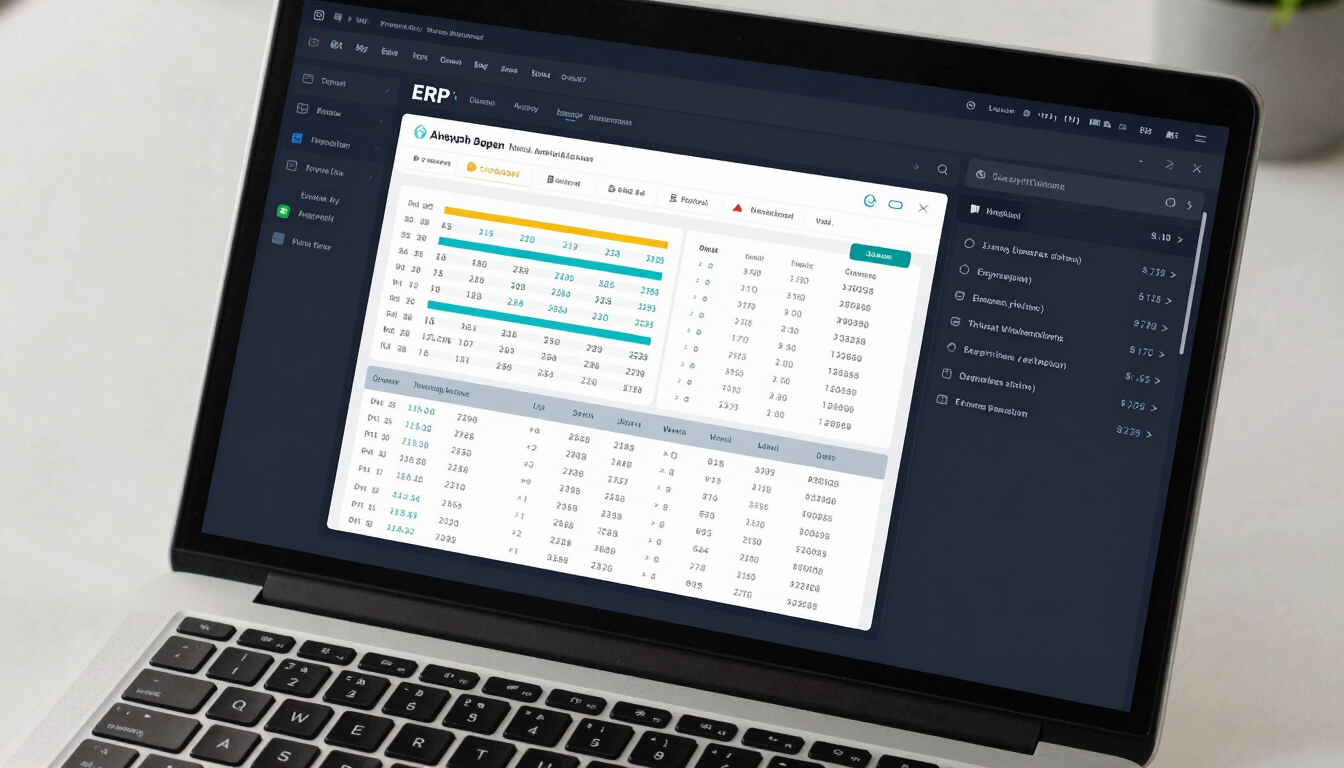 Wide-angle overhead shot of a dark-navy ERP dashboard on a laptop screen, showing real-time analytics charts, payroll summary cards, and inventory counts — office desk with keyboard partially visible, bright studio lighting, tight on-screen crop