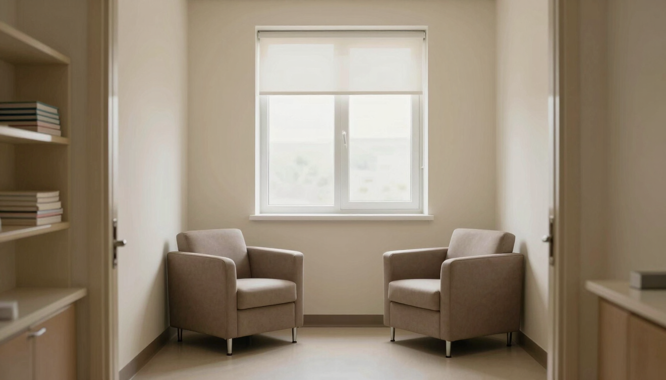 Wide interior shot of a sparse clinical therapy room, looking from the doorway — two low armchairs facing each other, north-facing window casting even diffused light across a warm off-white wall, empty shelves with a single stack of clinical textbooks visible in the left third, no people, architectural precision