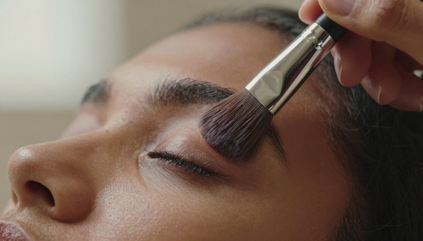 Extreme close-up panoramic strip of a makeup brush pressing pigment onto an eyelid on medium brown skin, soft diffused window light revealing every hair of the brush and the texture of the lid, hands steady mid-stroke, warm neutral background