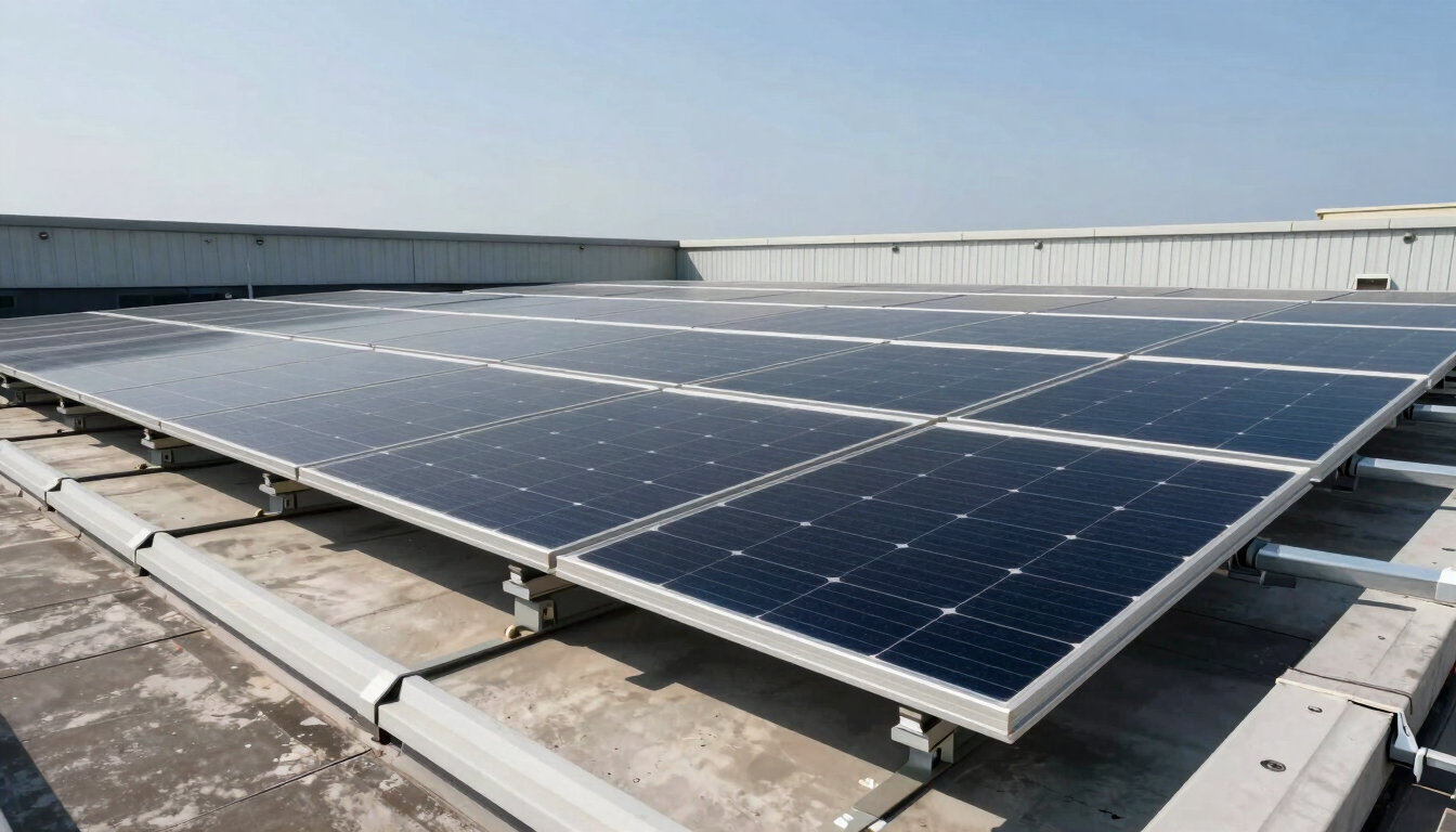 Close-up of commercial solar panel array on an industrial rooftop in bright daylight, rows of dark photovoltaic panels with visible mounting hardware and conduit runs, flat roof parapet visible at edge, clear blue sky above