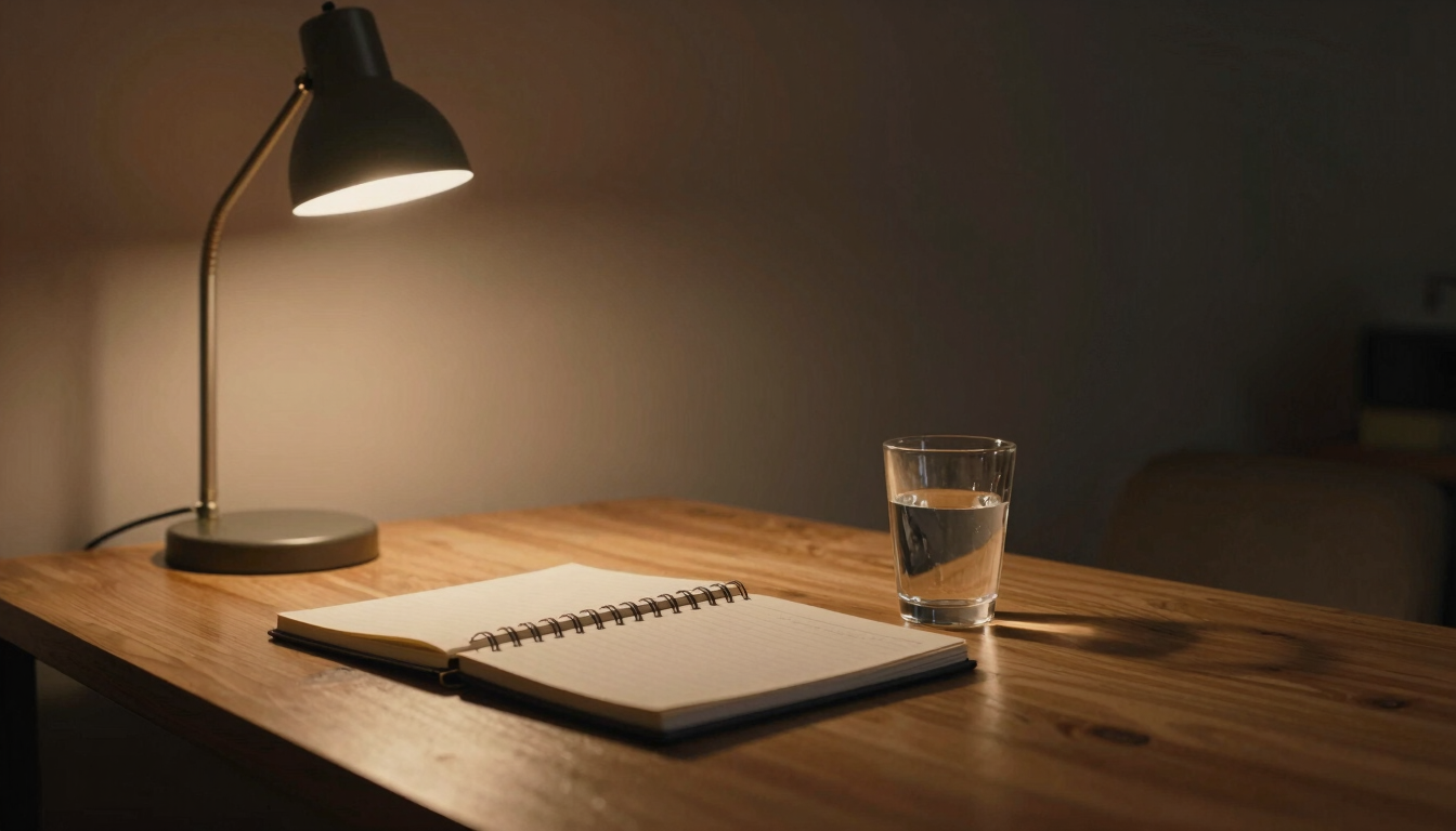 Wide cinematic still — a dimly lit home studio desk seen from a low angle, a single lamp casting warm amber light across a notebook and a glass of water, deep shadow filling the right two-thirds of the frame, natural grain texture visible