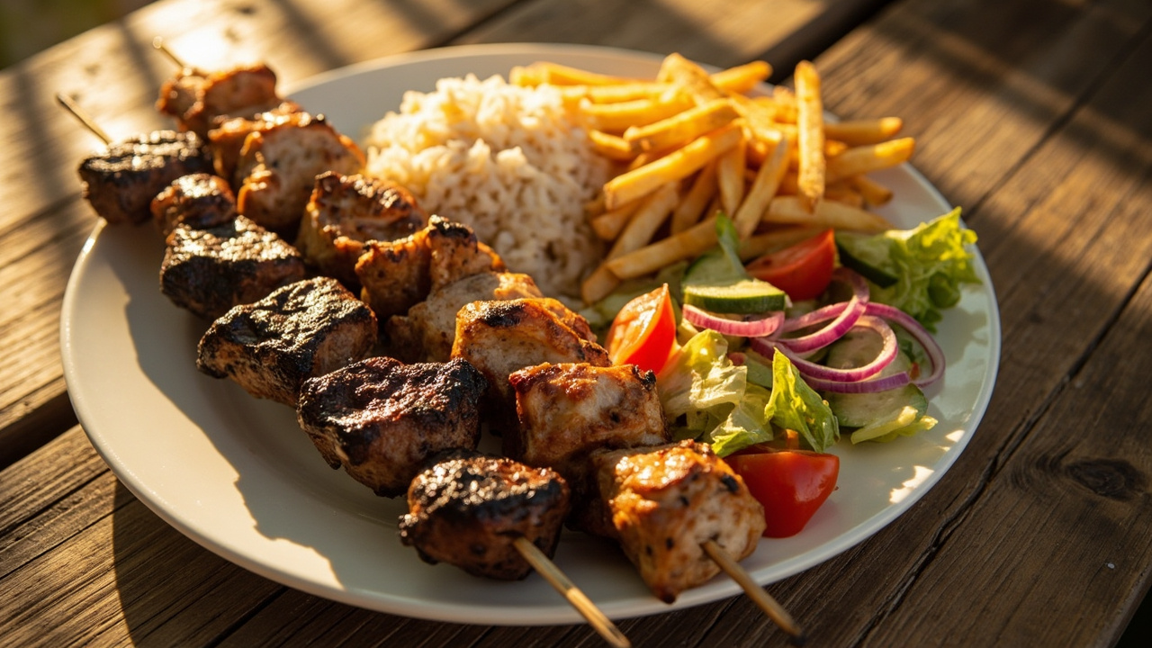 a plate of food with a salad and fries