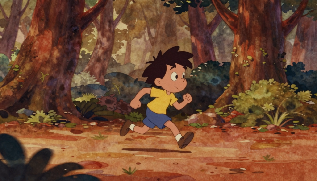 Cinematic wide 21:9 frame of a hand-drawn cartoon character running through a lush watercolor forest, vibrant terracotta and warm amber tones, film grain, motion blur