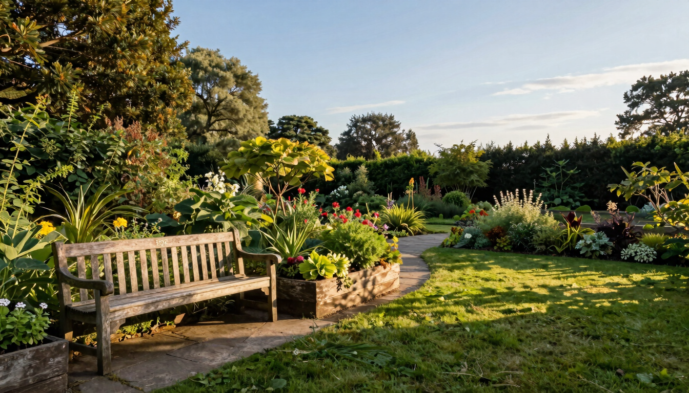 Wide panoramic garden scene in late afternoon golden hour light — a weathered wooden bench to the left third sits beside a raised planter bed with herbs and flowering plants, a stone path curves into a lush green garden in the background, dappled sunlight through leafy trees, no people, generous open sky above the right two-thirds, quiet and unhurried