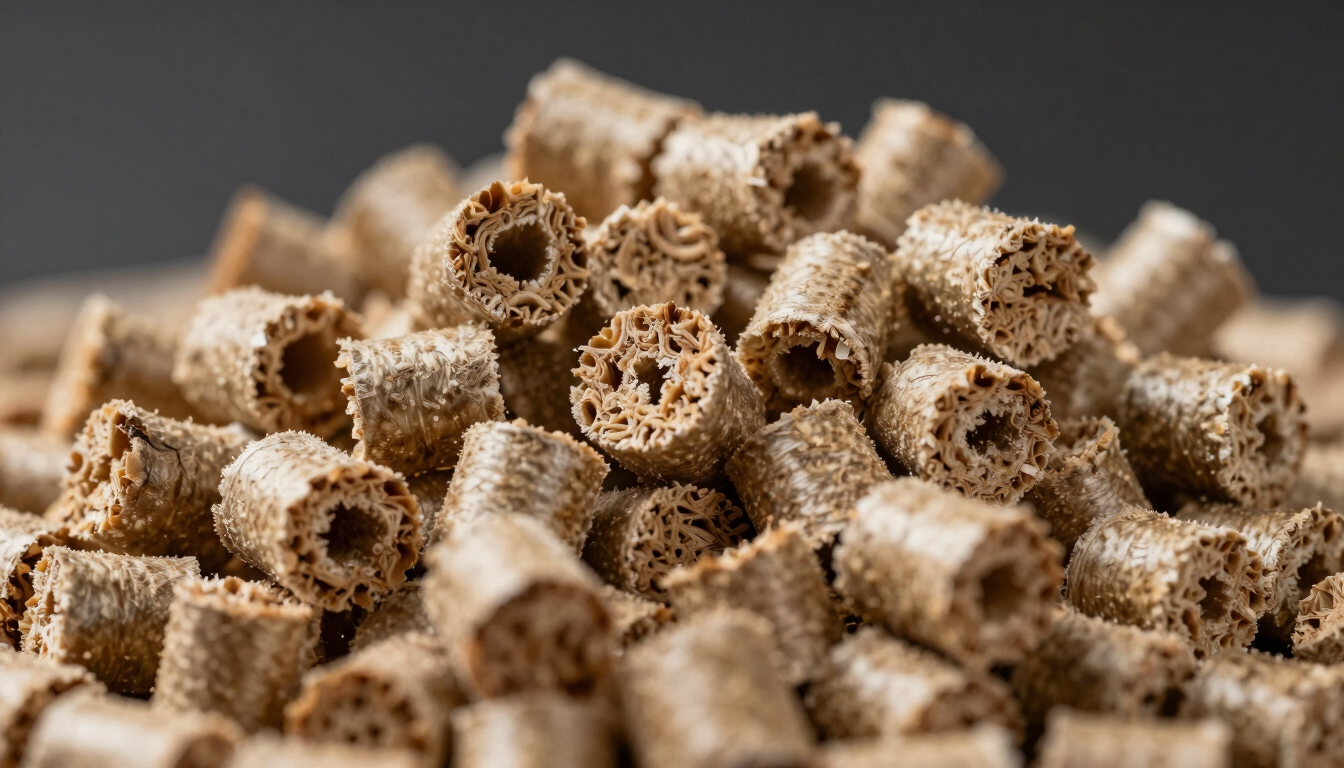 Extreme close-up of compressed biomass pellets in bulk, cross-section detail showing dense lignocellulosic texture and uniform cylindrical form, studio strobe lighting revealing surface grain and consistent finish, dark neutral background