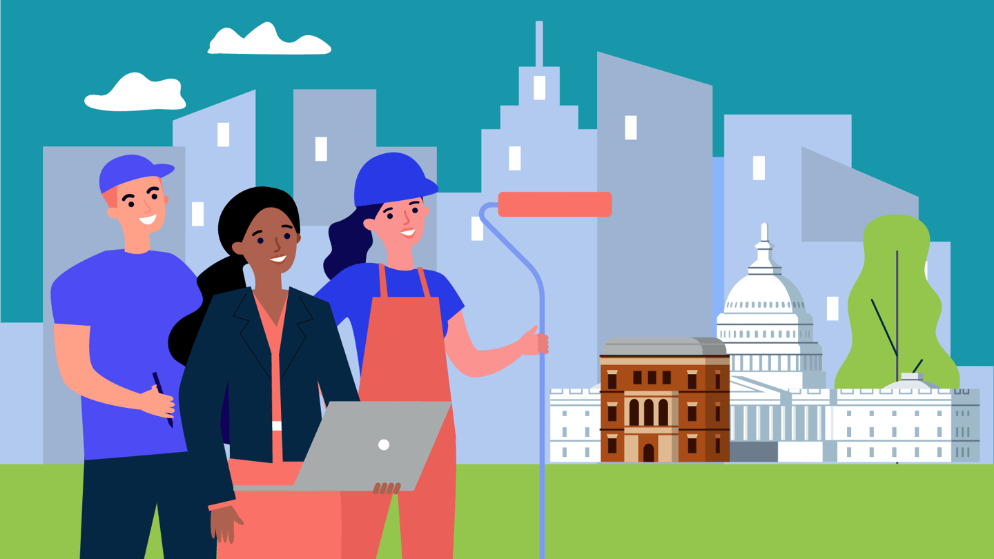 Illustration of three workers standing in front of a city