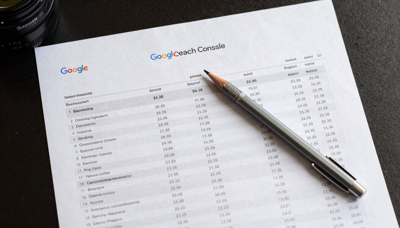 Overhead flat-lay of a printed Google Search Console report on a dark desk, rows of query data and impression numbers visible under neutral office light, a mechanical pencil resting across the sheet, tight crop emphasizing the data columns