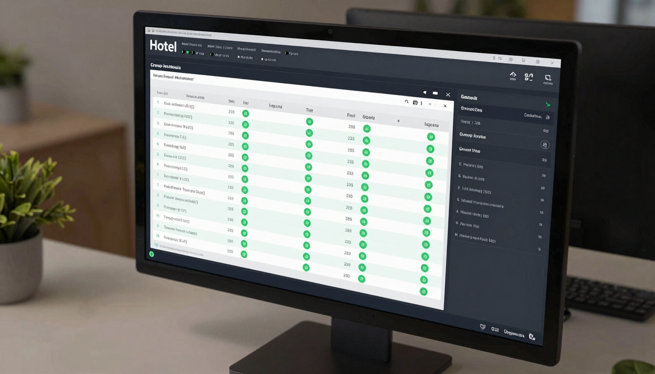 Wide-angle close-up of a real-time hotel inventory dashboard on a large monitor, showing group booking allocation tables with green status indicators and live occupancy data, studio lighting, dark UI on a clean desk surface, sharp screen detail