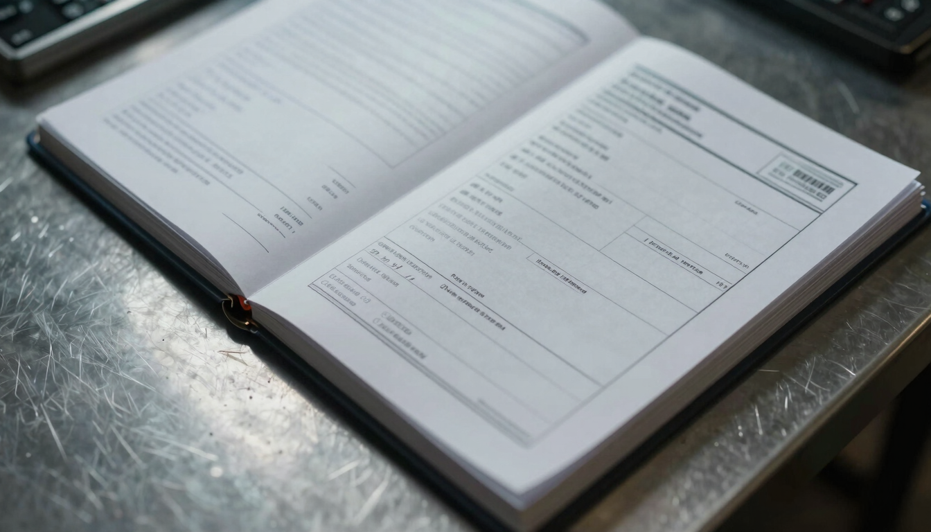 Extreme close-up overhead view of an open customs dossier on a steel work table — bill of lading, routing labels, and an official stamp visible under tight tungsten task lighting, sharp document textures, cool steel surface edge visible at frame corner, no hands, no people