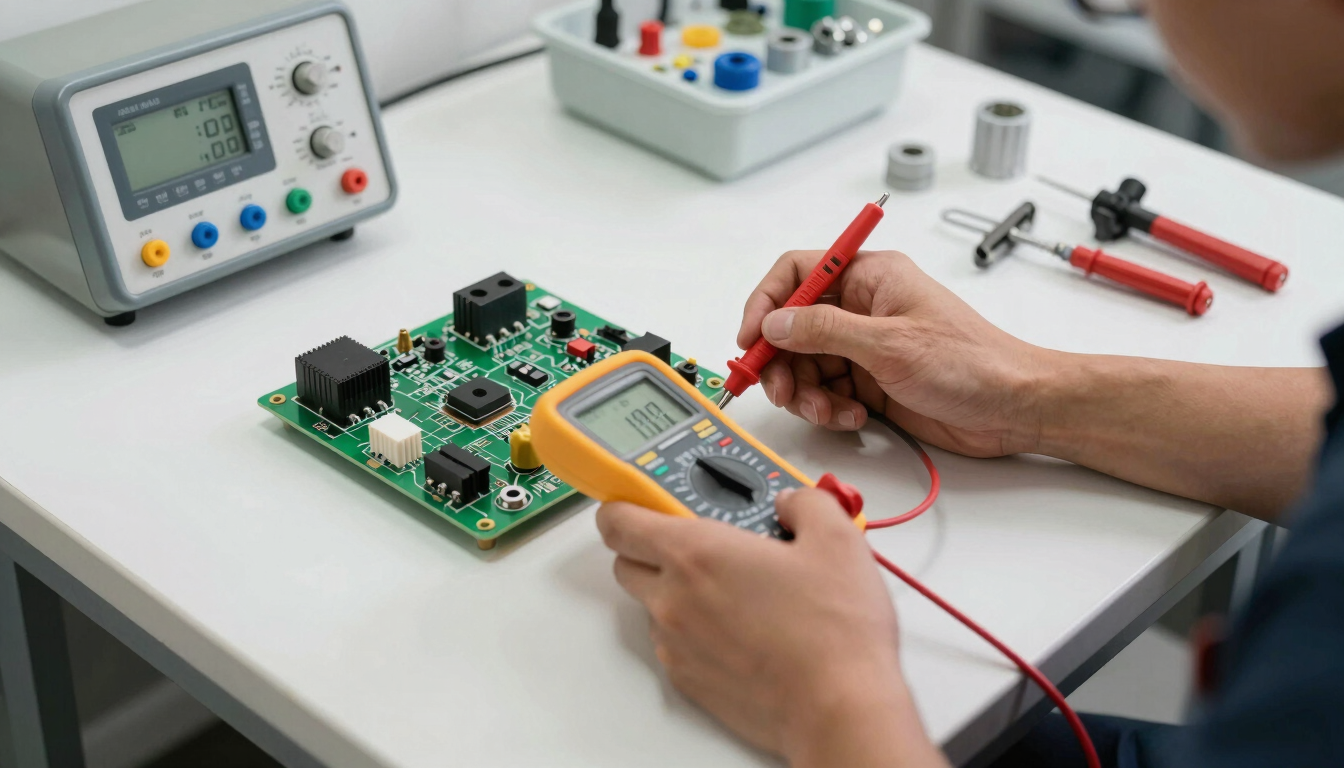 Wide panoramic workshop bench under bright even lighting, technician hands holding a multimeter probe against washing machine control board components, diagnostic readout visible, tools and genuine OEM parts arranged in the right third of the frame