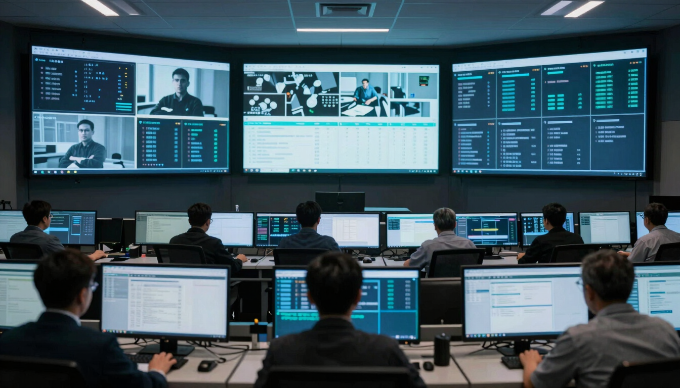 Wide panoramic view of a security operations centre, three large curved monitors displaying live audit dashboards with blue-and-teal data visualisations, dim room with cool ambient screen glow, workstations in mid-ground, no people visible, cinematic depth of field