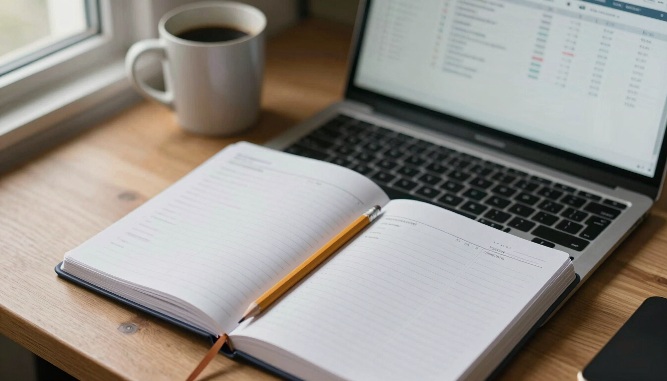 Overhead close-up of a well-organized desk with a planner open to a weekly schedule, a pencil mid-mark, a laptop screen showing a spreadsheet, and a coffee mug at the corner — natural window light from the left, calm and focused