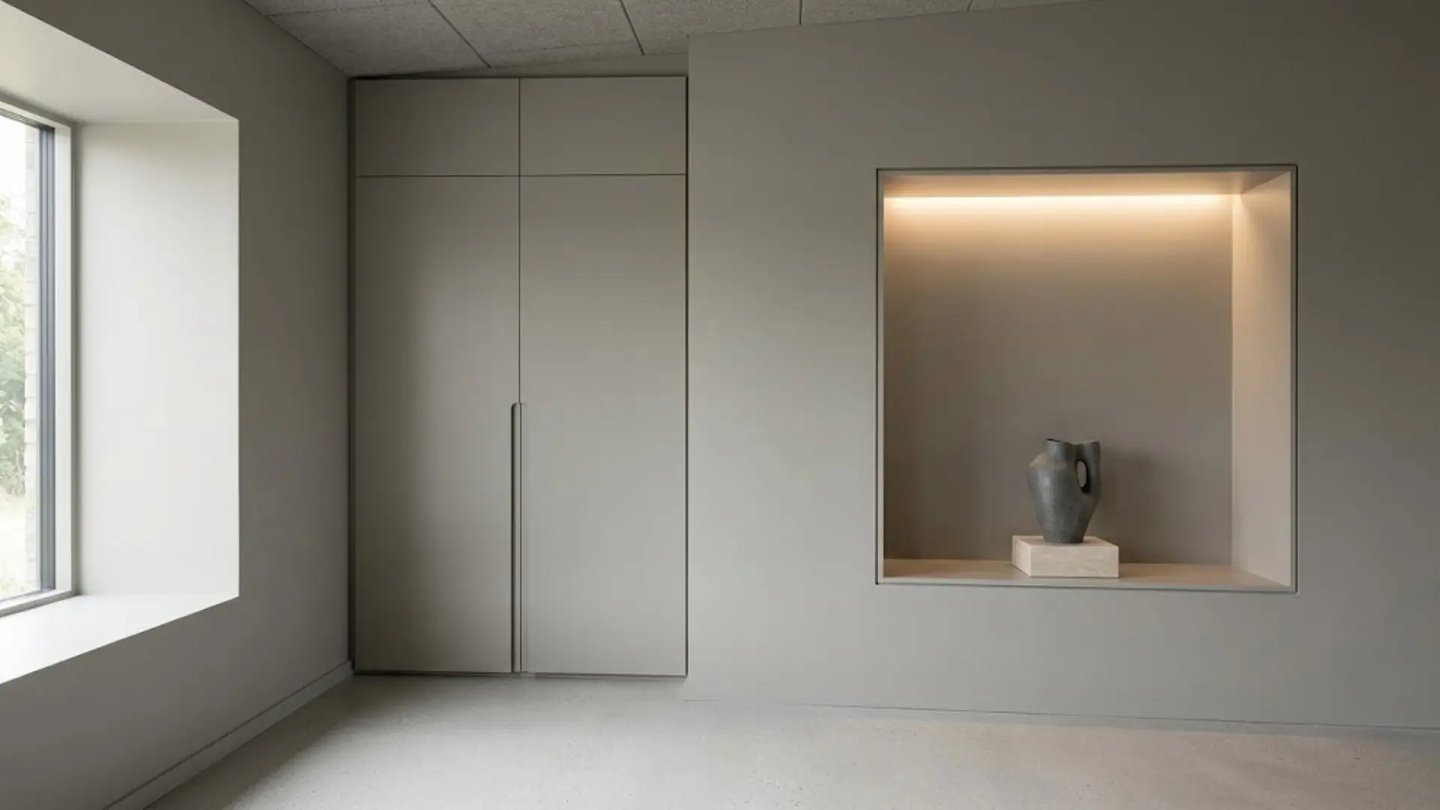 Camera minimalista con armadiatura a tutta altezza e nicchia illuminata a parete