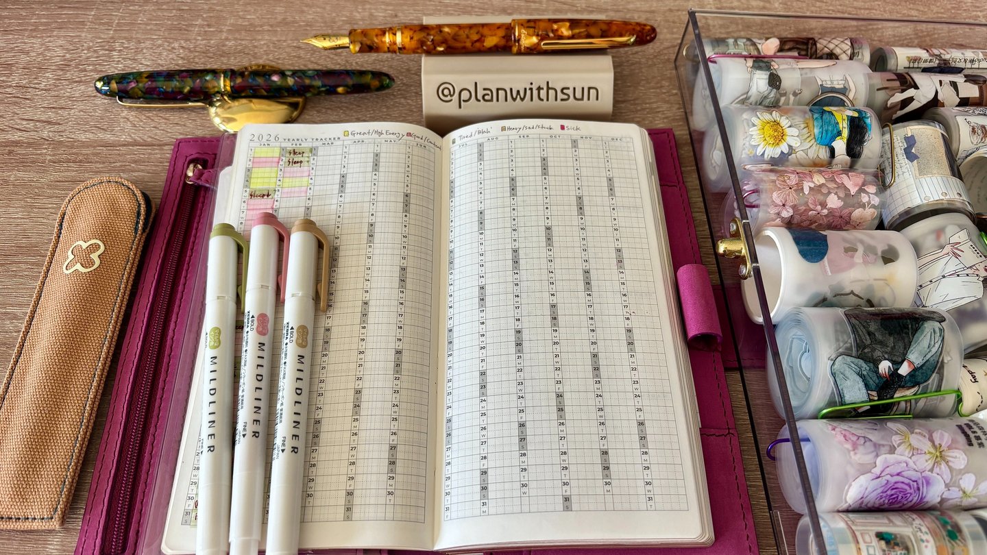 An open 2024 planner with Mildliner pens, fountain pens, and organized washi tape on a desk.