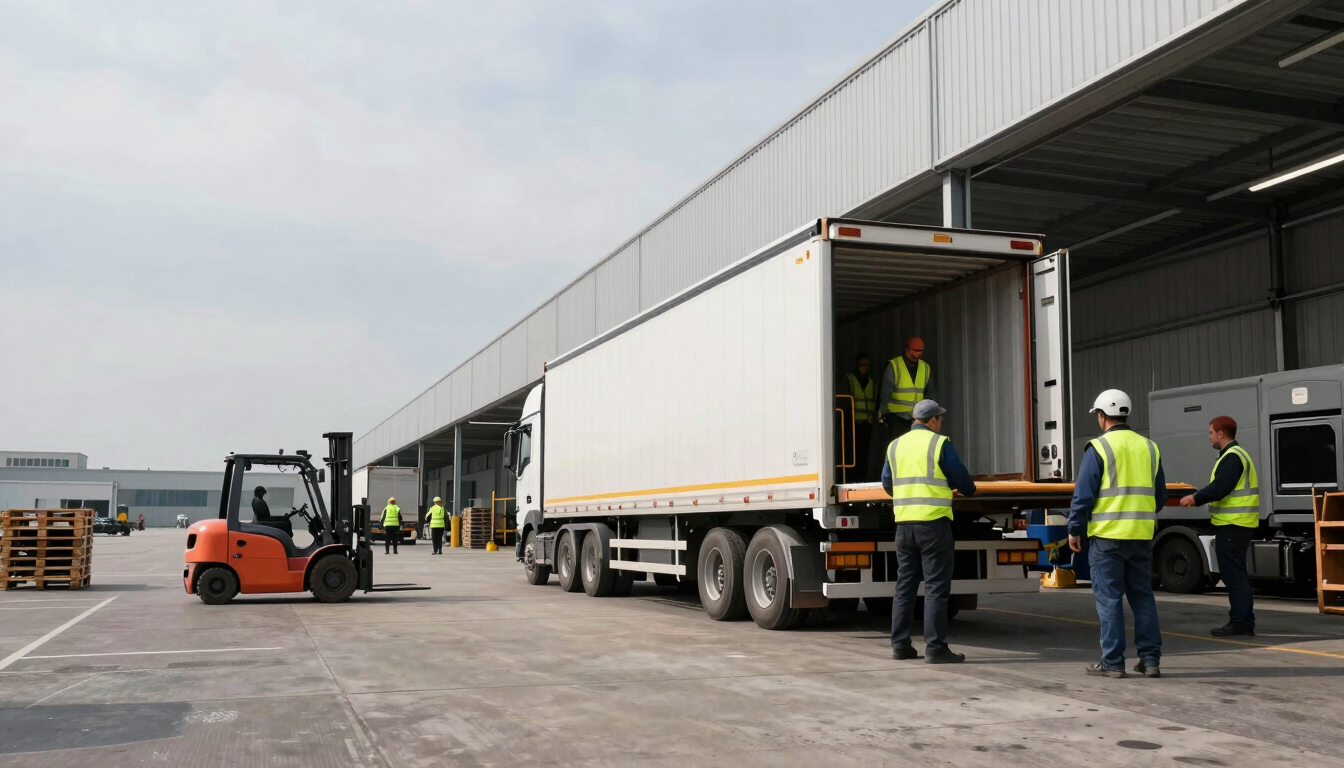 Panoramic wide shot of a truck loading dock at a large European logistics centre, a semi-trailer being loaded by workers in reflective vests, industrial yard under flat overcast daylight, forklifts and pallets visible to the left third, vast dock infrastructure stretching into the background