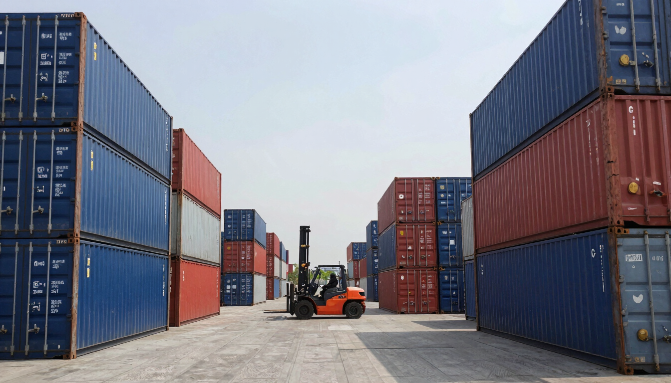 Wide panoramic container yard at midday, dozens of stacked shipping containers in blue, red, and gray arranged in dense rows, forklift moving cargo in the middle distance, clear overcast sky, flat documentary lighting emphasizing scale and operational density
