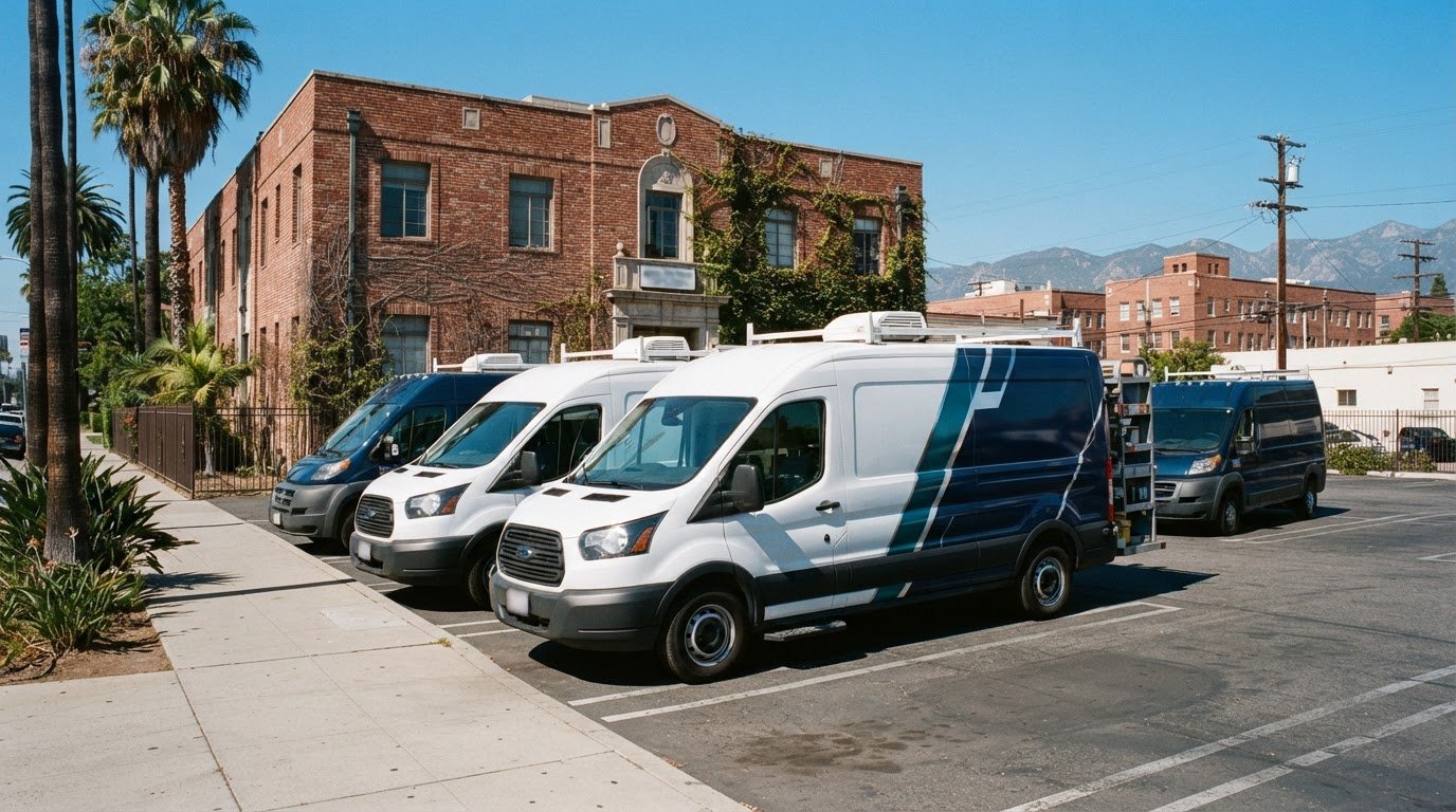 Sharp industrial photograph of liveried company service vehicles parked outside the Pasadena brick office under bright California sunlight, 35mm.