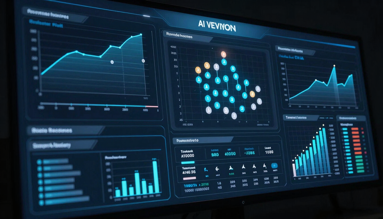 Wide panoramic close-up of a dark AI intelligence dashboard interface, multiple data panels showing revenue prediction curves, customer simulation nodes, and growth forecast metrics, cool blue light emanating from the screen against deep black, ultra-sharp interface detail, studio-lit precision, no people