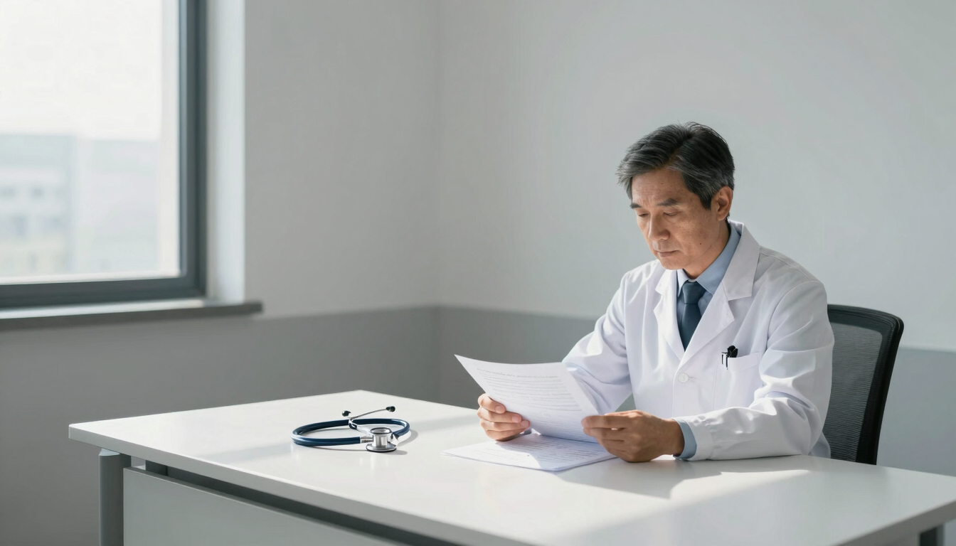 Panoramic clinical consultation room, a doctor in white coat seated at a clean desk reviewing printed papers, stethoscope on desk surface, natural daylight from side window casting soft shadows, no face visible, wide medium shot with generous negative space on the left side