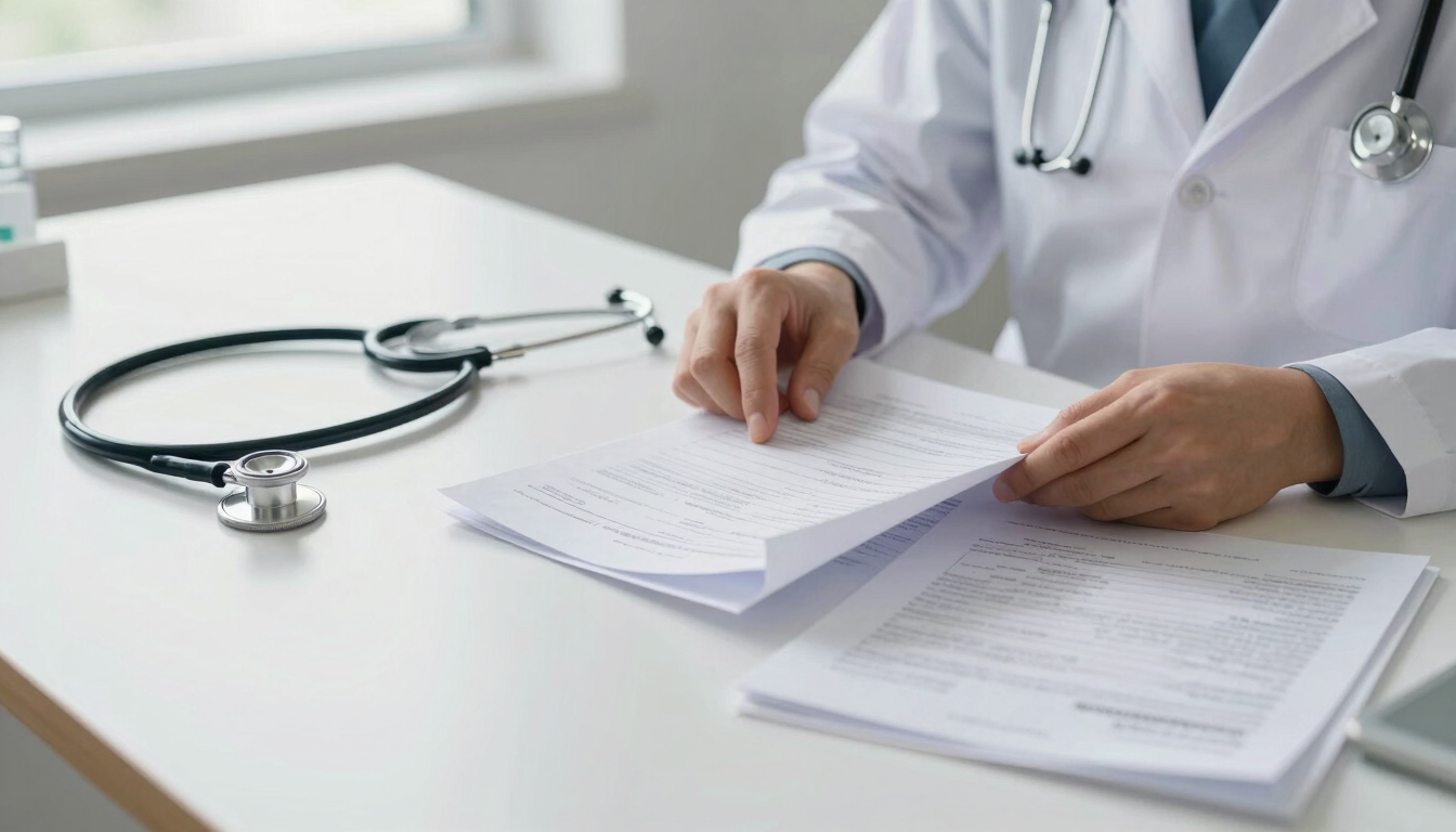 Wide shot of a clinical desk with a doctor's hands reviewing printed medical documents under natural window light, stethoscope resting beside papers, clean white surface