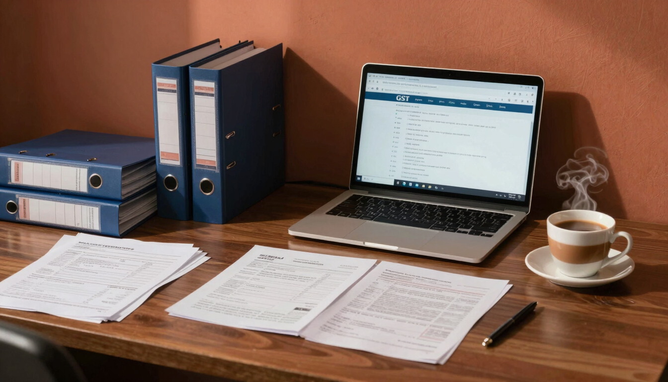 Wide panoramic view of a compliance office in mid-morning light — a desk with printed tax schedules, annotated binders, a laptop showing a GST portal, and a steaming cup of chai to the right third, warm terracotta wall in the background, no people, quiet working atmosphere