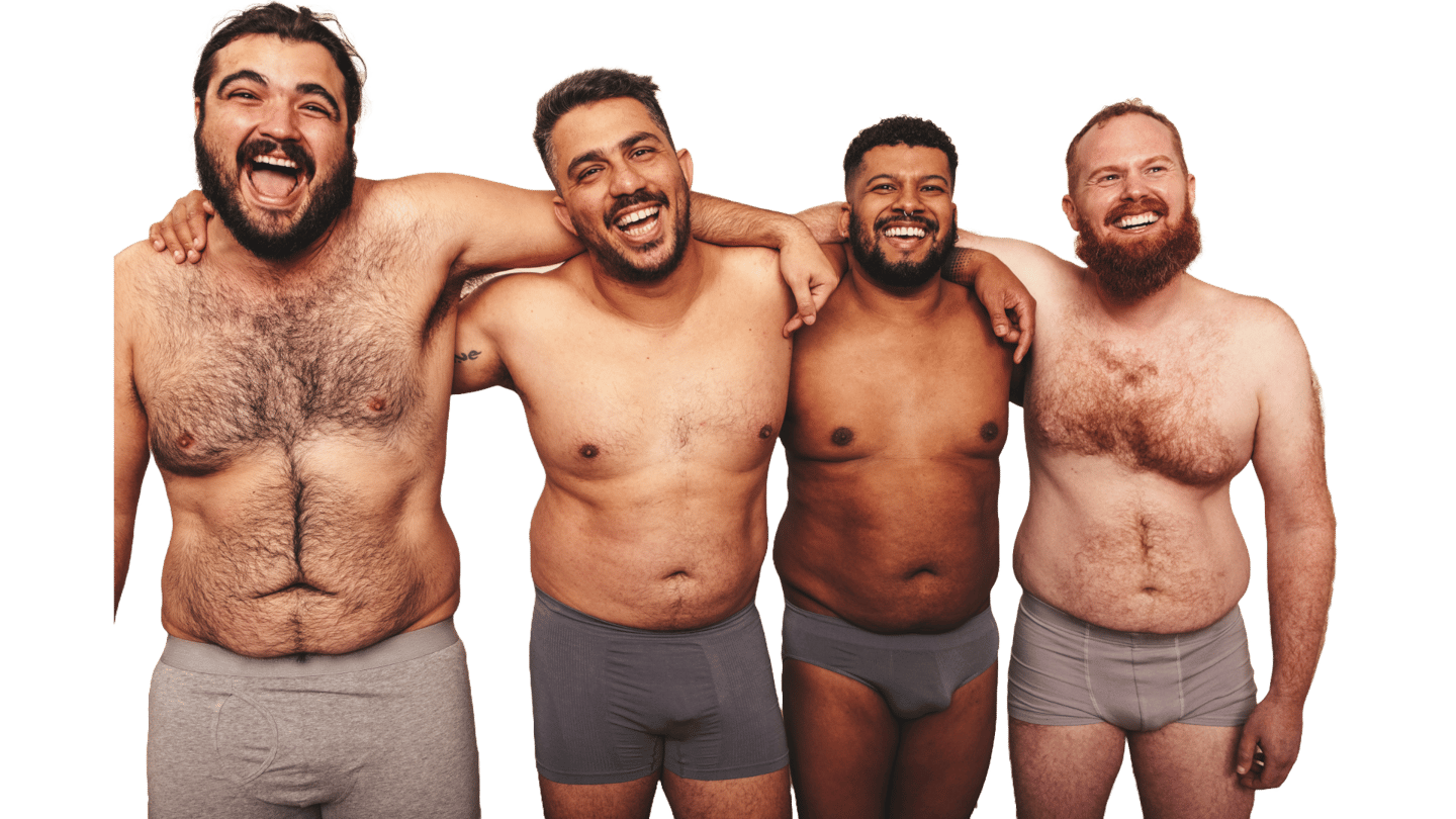 4 shirtless men of different skin tones and sizes with their arms on each other's shoulders