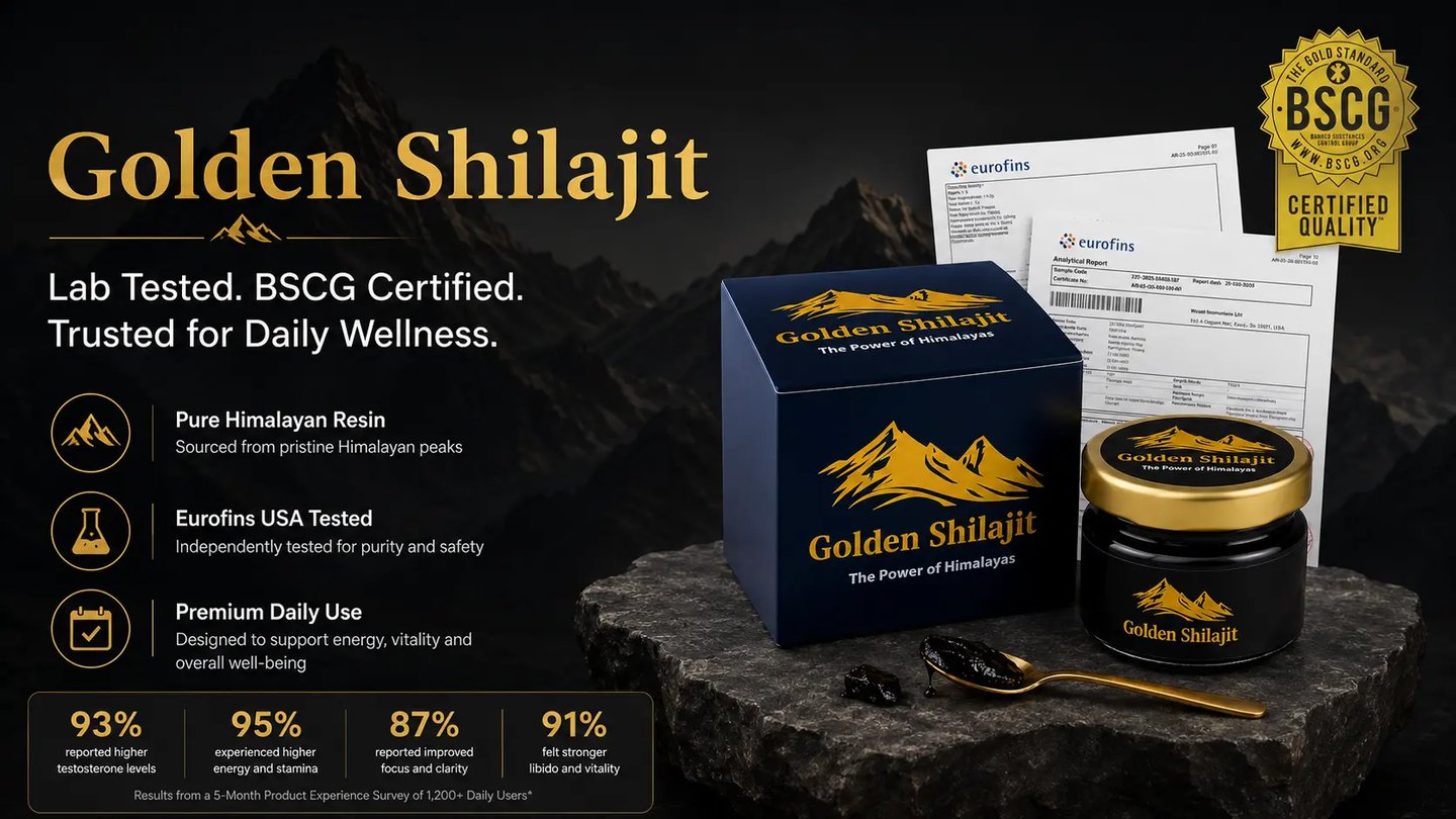 Pure Himalayan Golden Shilajit resin in a jar with laboratory test results and health benefit statistics.