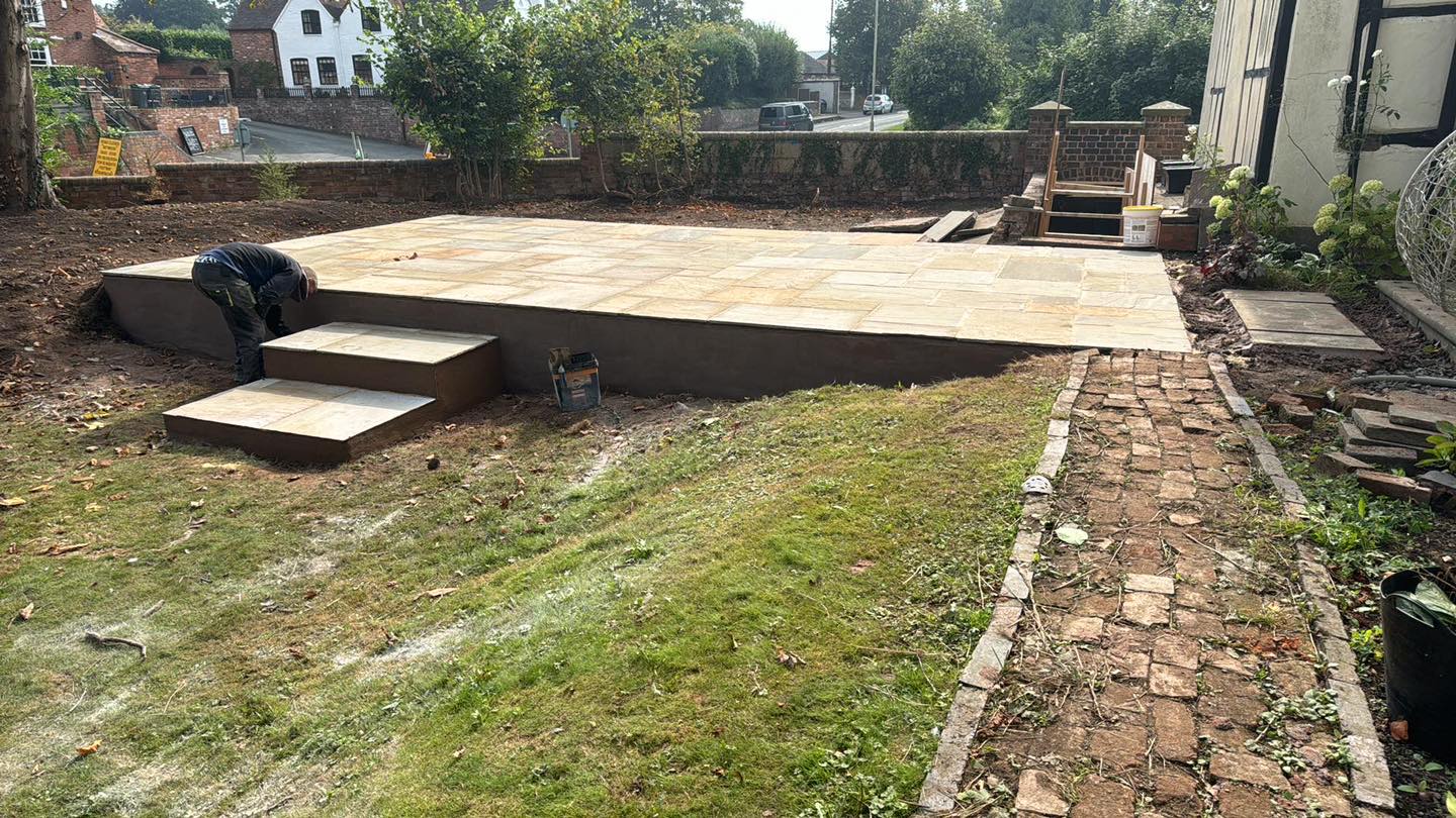 Sandstone patio paving laid in Worcester garden