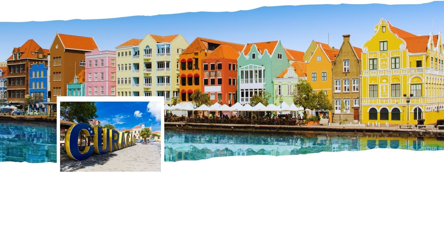 Casas coloridas em estilo colonial na orla de Kralendijk, com vista para o mar em Willwestad.