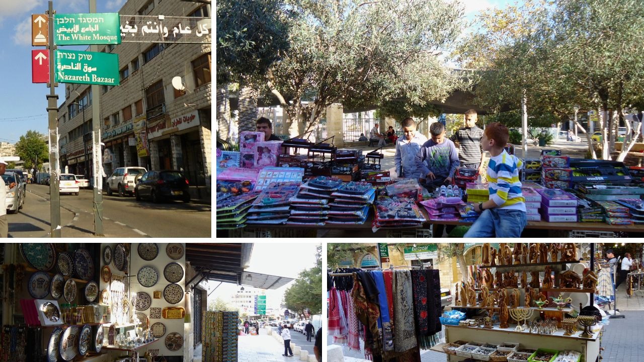 Bazaar de Nazaré, com barracas de roupas coloridas e souvenirs típicos da região.