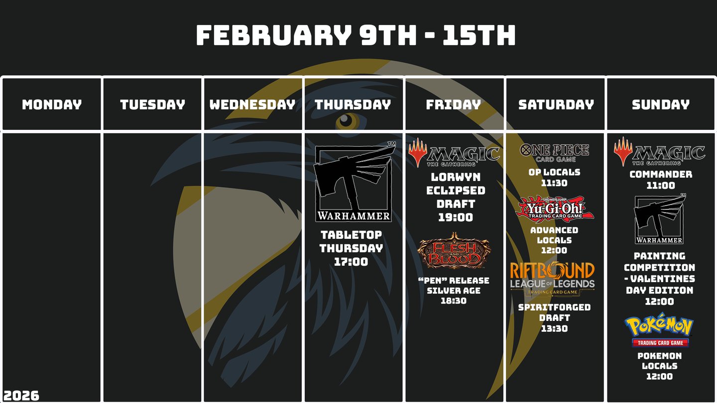 Crow's Nest Events Schedule February 9th - February 15th, 2026