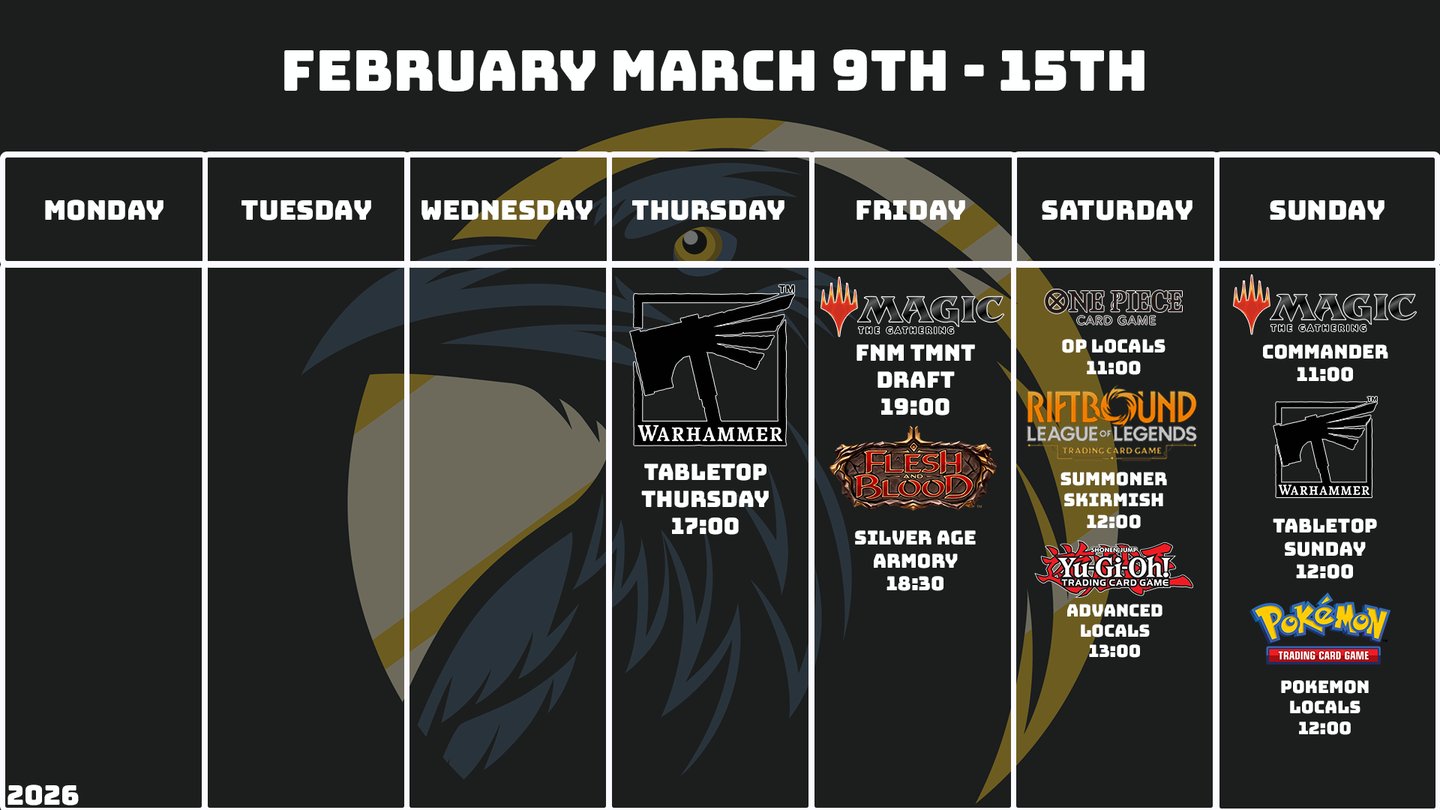Crow's Nest Events Schedule March 9th - 15th, 2026