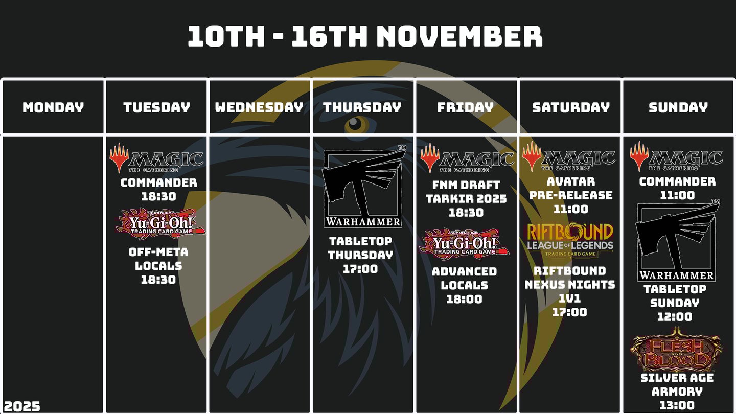 Crow's Nest Events Schedule November 10th - November 16th 2025