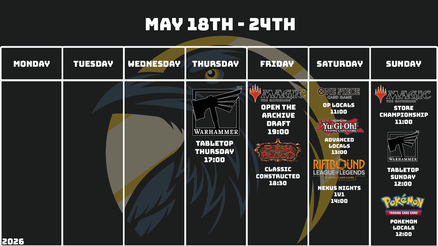 Crow's Nest Events Schedule May 18th - May 24th 2026