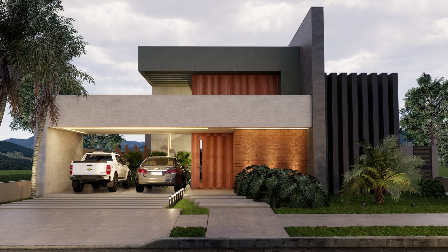 fachada contemporanea com tijolinho e ripado